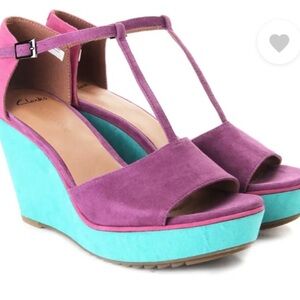 CLARKS Scent Flower(Purple, Blue, Pink) Suede TStrap OpenToe Wedge Sandals US8.5